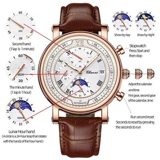 Leather Chronograph Date Men's Phase Of The Moon Timing Business Luminous Quartz Watch - Beri Collection 