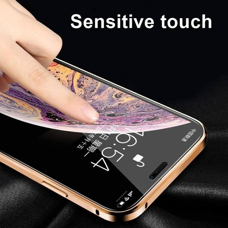 Magnetic Tempered Glass Privacy Metal Case For iPhone 15 14 13 360 Magnet Ant spy Protective Cover