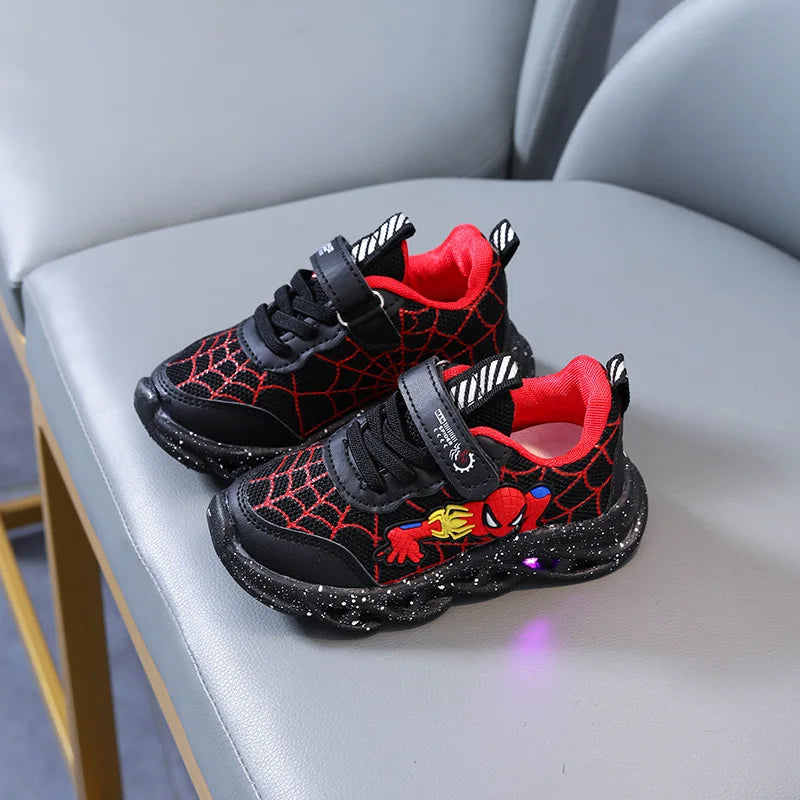 Disney LED Casual Sneakers Red Black For Spring Boys Spiderman Mesh Outdoor Shoes Children Lighted Non-slip Shoes Size 21-30