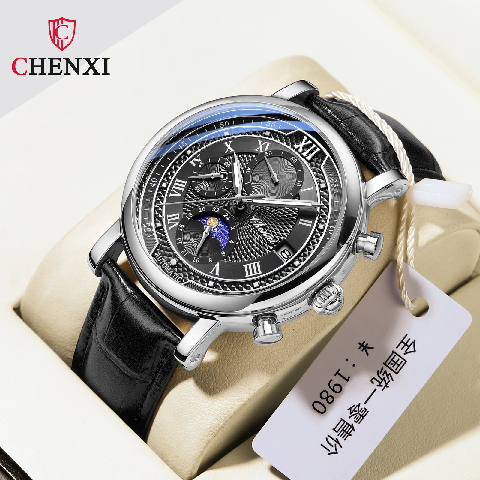 Leather Chronograph Date Men's Phase Of The Moon Timing Business Luminous Quartz Watch