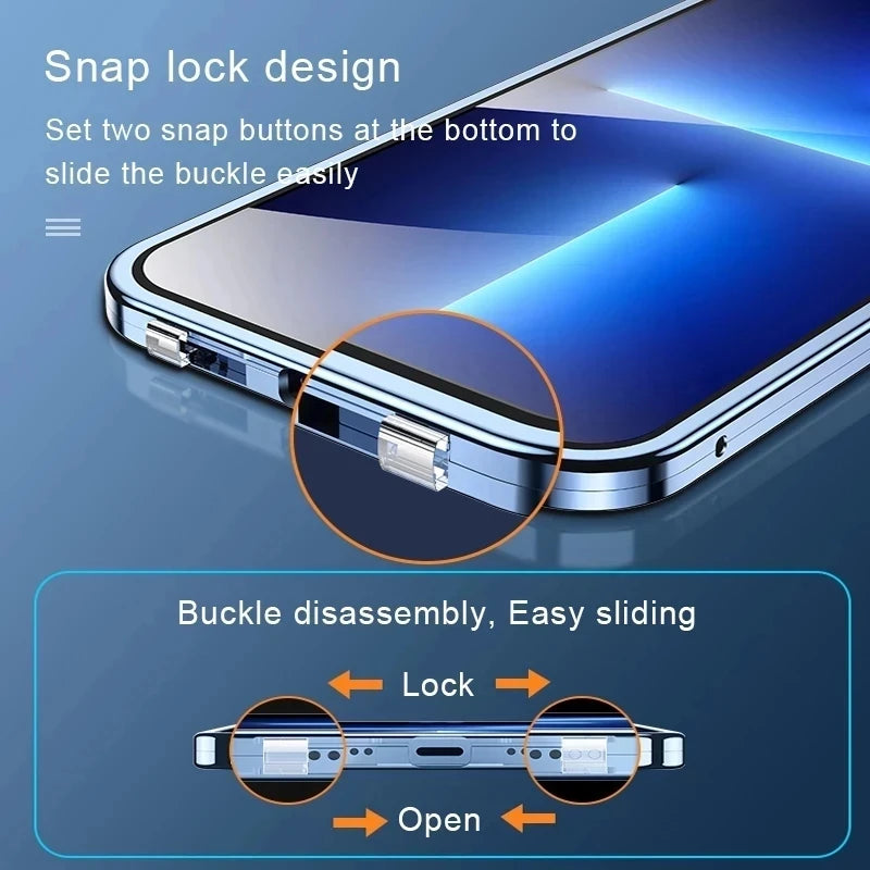 360°Full Protection Metal Magnetic Double Sided Glass Snap Lock Case For iPhone 16 Pro Max 15 14 13 12 Pro Max Plus Bumper Cover