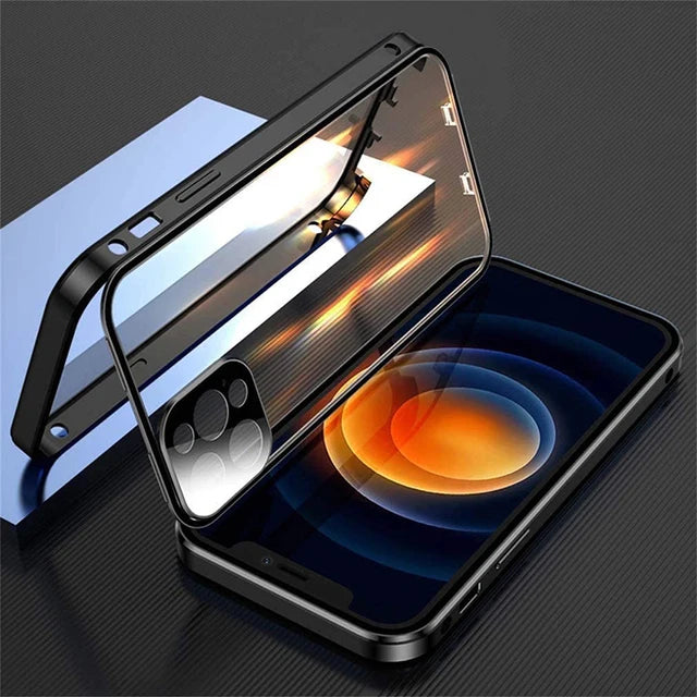 360°Full Protection Metal Magnetic Double Sided Glass Snap Lock Case For iPhone 16 Pro Max 15 14 13 12 Pro Max Plus Bumper Cover