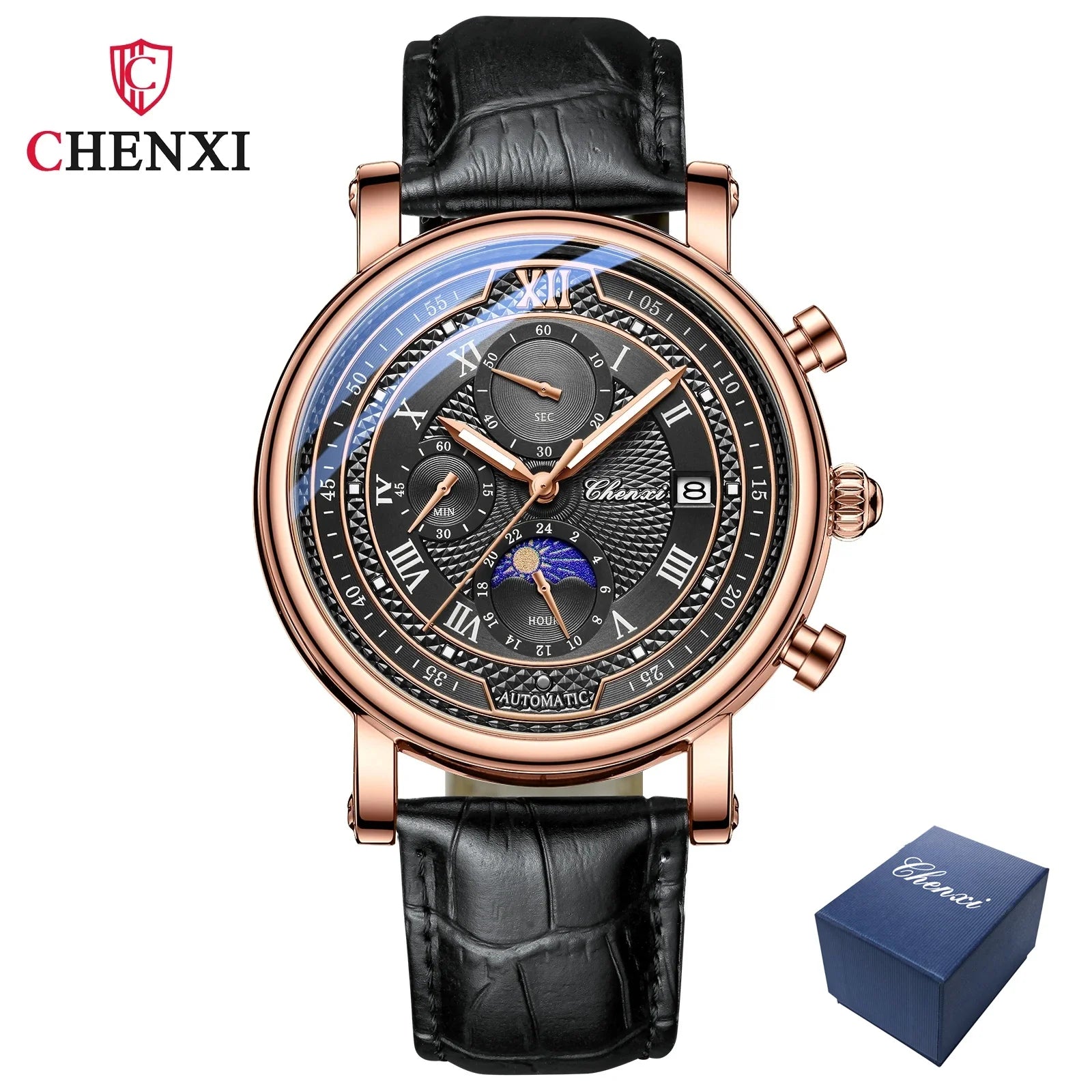 Leather Chronograph Date Men's Phase Of The Moon Timing Business Luminous Quartz Watch