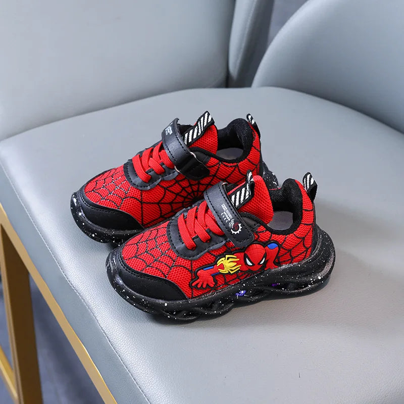 Disney LED Casual Sneakers Red Black For Spring Boys Spiderman Mesh Outdoor Shoes Children Lighted Non-slip Shoes Size 21-30