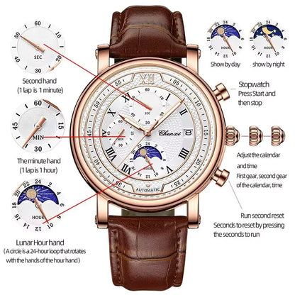 Leather Chronograph Date Men's Phase Of The Moon Timing Business Luminous Quartz Watch