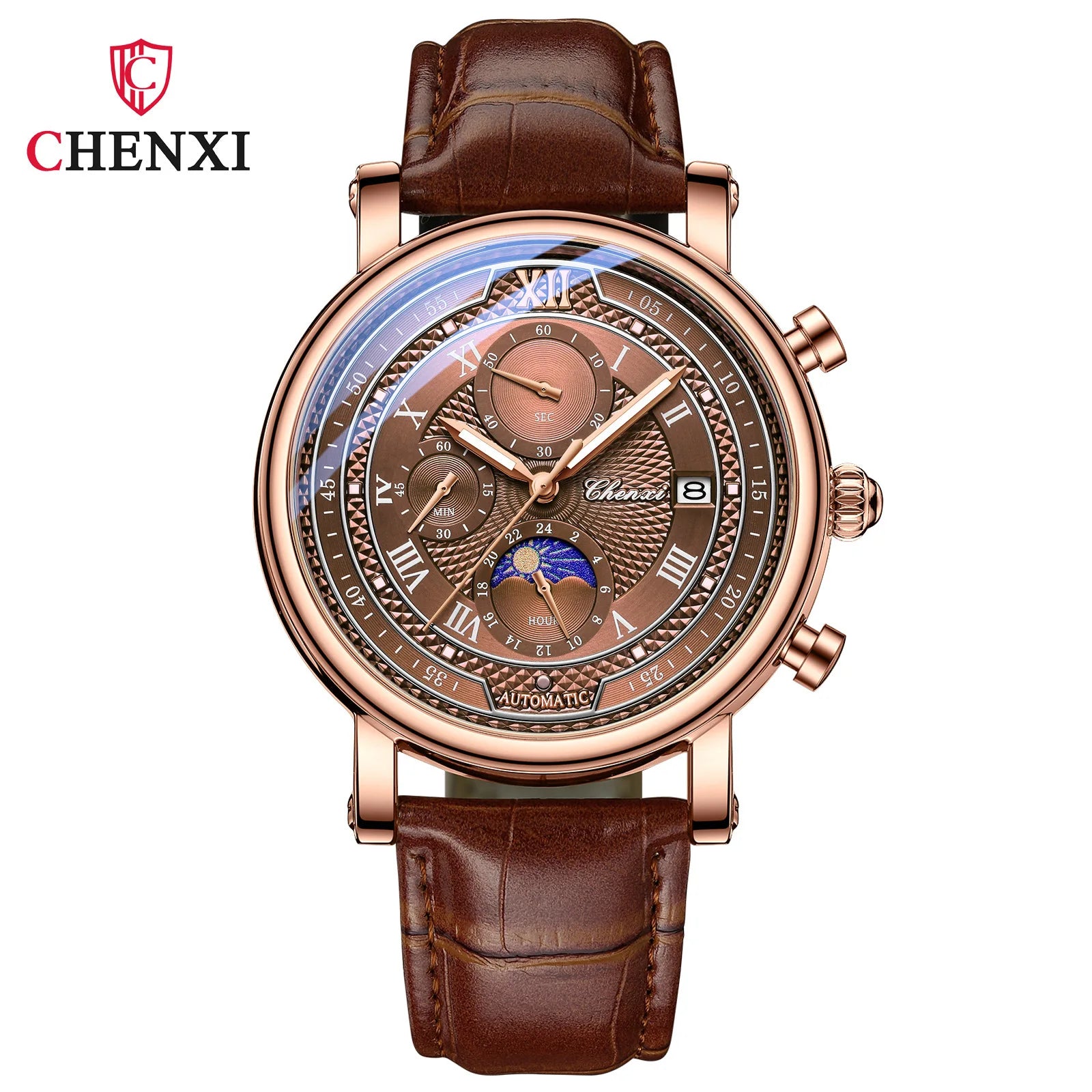 Leather Chronograph Date Men's Phase Of The Moon Timing Business Luminous Quartz Watch