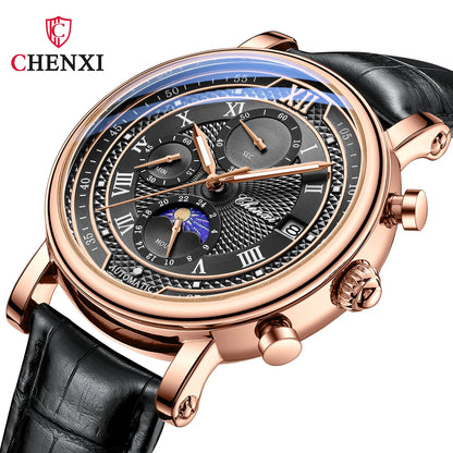 Leather Chronograph Date Men's Phase Of The Moon Timing Business Luminous Quartz Watch