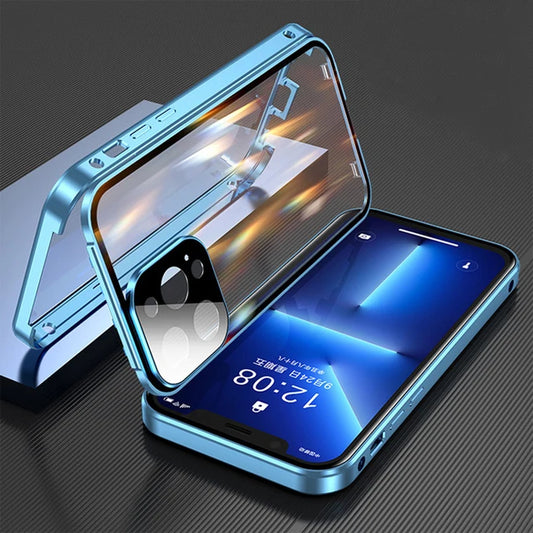 360°Full Protection Metal Magnetic Double Sided Glass Snap Lock Case For iPhone 16 Pro Max 15 14 13 12 Pro Max Plus Bumper Cover