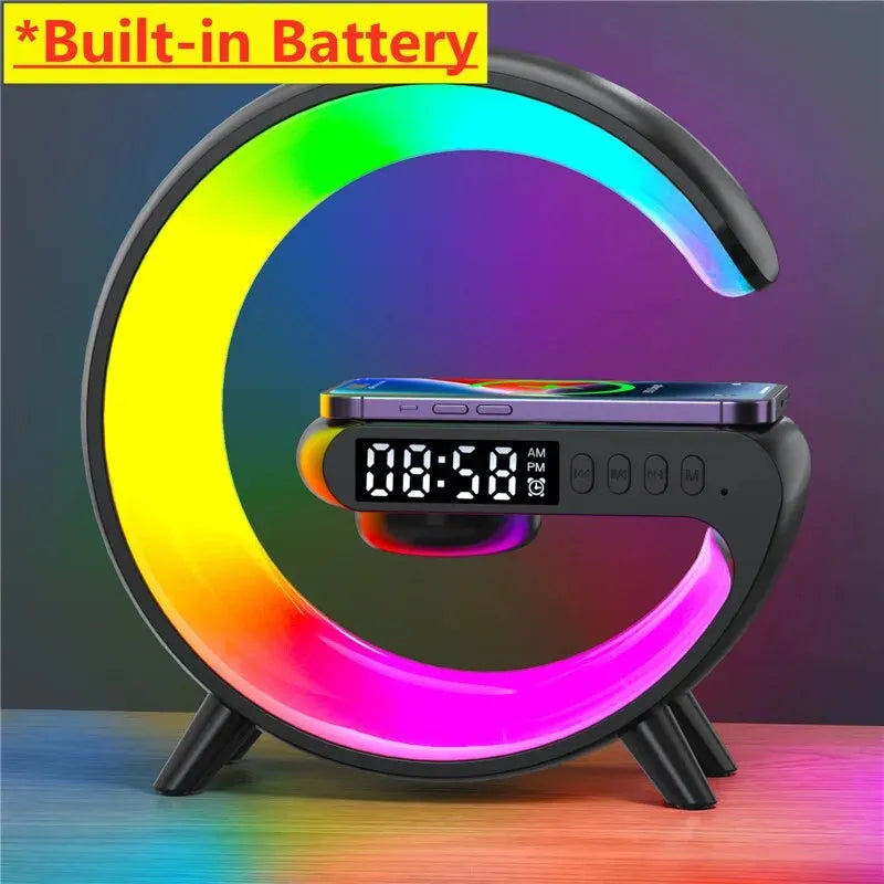 Wireless Charger Pad Stand Speaker TF Card RGB Night Light Lamp Alarm Clock Fast Charging Station Dock for iPhone Samsung Xiaomi