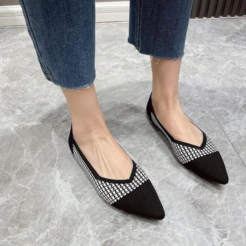 Knit Slip on Flat Shoes Women Mesh Loafers Stretch Ballet Shallow Flats Dress Shoes Moccasins Comfort Ballet Flats 2023