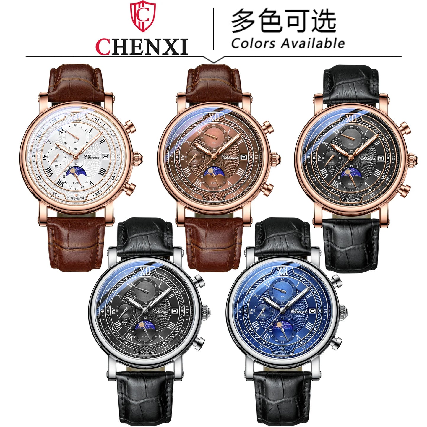 Leather Chronograph Date Men's Phase Of The Moon Timing Business Luminous Quartz Watch