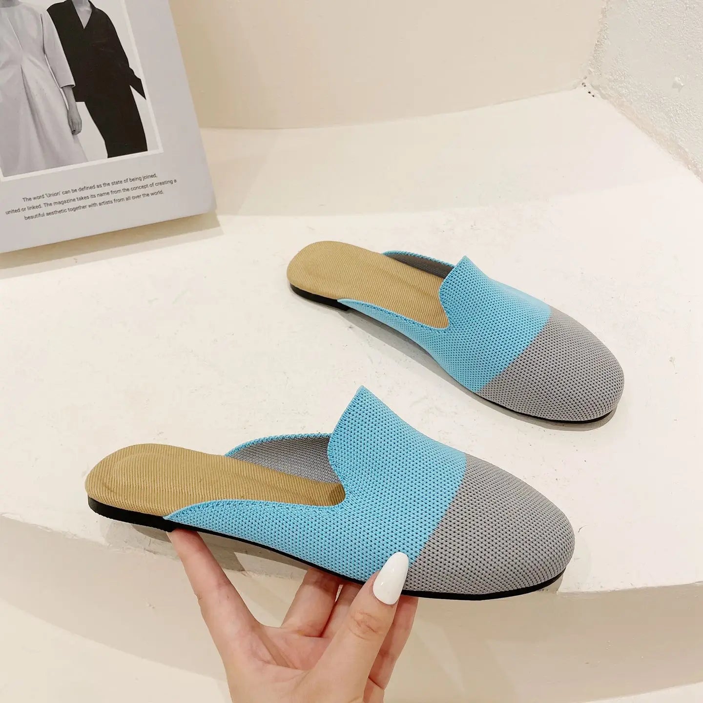 Princess Shoes Ladies Polyester Breathable Flat Mules 3D Fly Weave Stretch Slippers Woman Casual Slides Home Big Size 34-43 - Beri Collection 