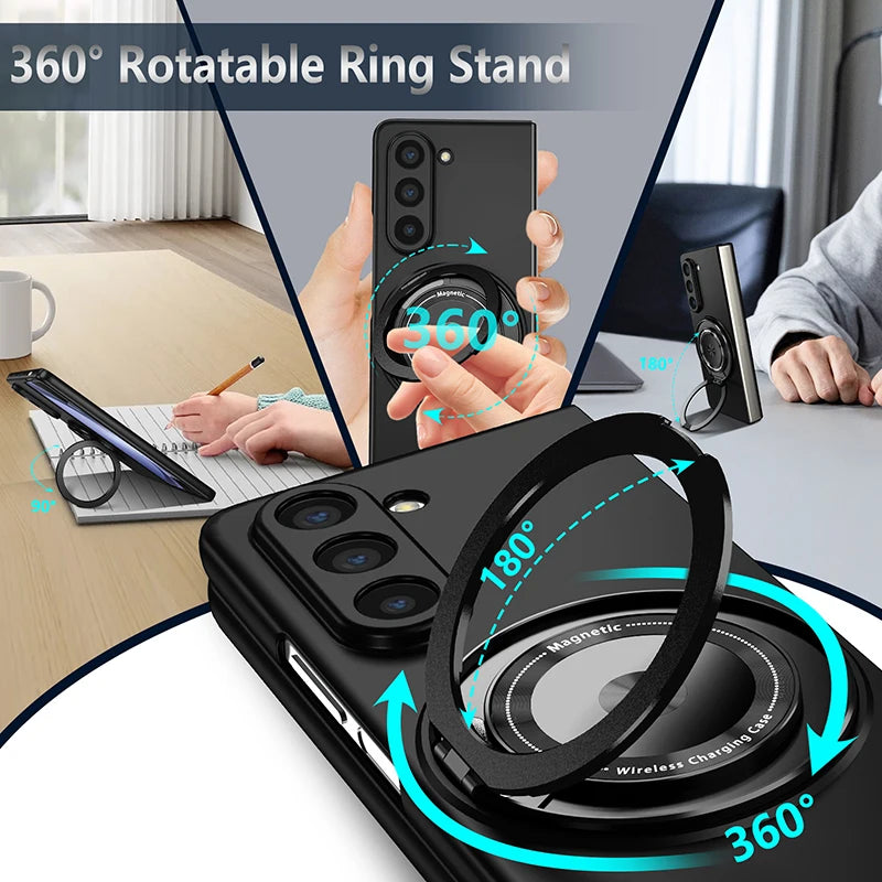 Magnetic Wireless Charging Case for Galaxy Z Fold 5 6 Fold4 Fold3 Phone Cover With 360° Roating O Stand Holder