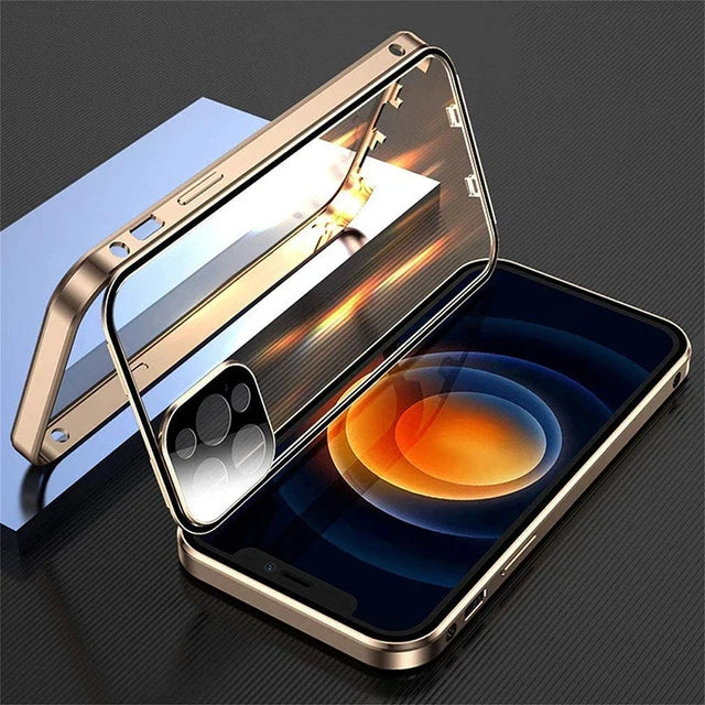 360°Full Protection Metal Magnetic Double Sided Glass Snap Lock Case For iPhone 16 Pro Max 15 14 13 12 Pro Max Plus Bumper Cover