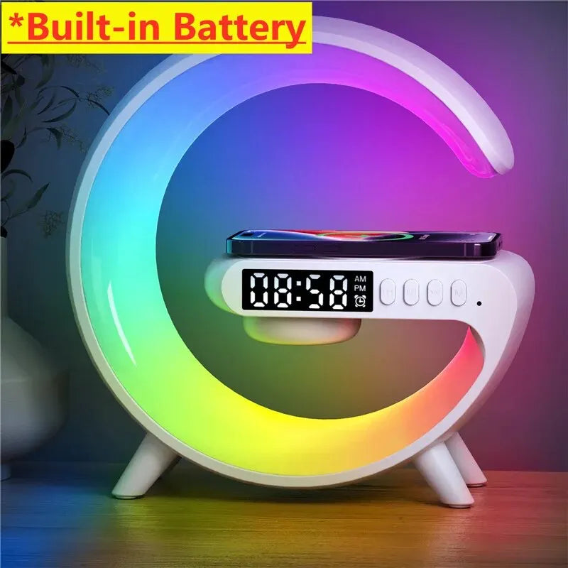 Wireless Charger Pad Stand Speaker TF Card RGB Night Light Lamp Alarm Clock Fast Charging Station Dock for iPhone Samsung Xiaomi