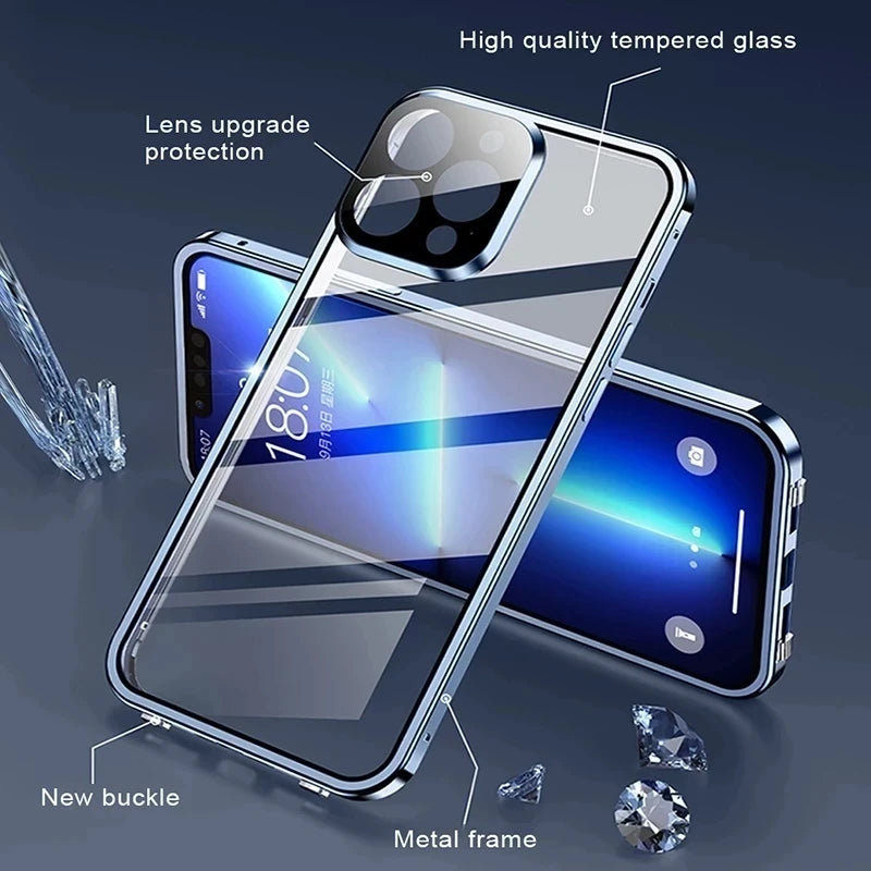 360°Full Protection Metal Magnetic Double Sided Glass Snap Lock Case For iPhone 16 Pro Max 15 14 13 12 Pro Max Plus Bumper Cover