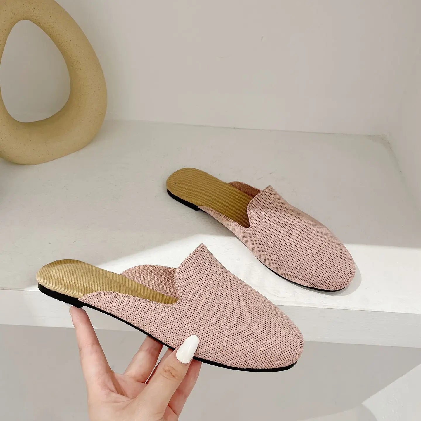 Princess Shoes Ladies Polyester Breathable Flat Mules 3D Fly Weave Stretch Slippers Woman Casual Slides Home Big Size 34-43