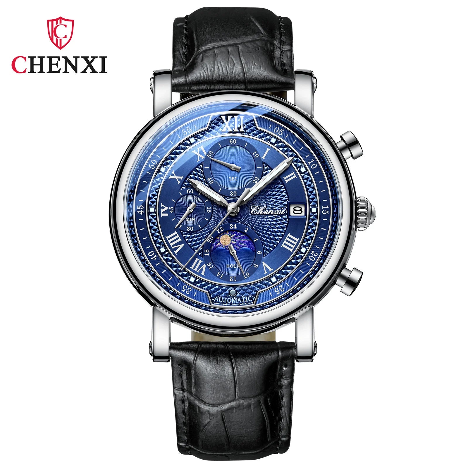 Leather Chronograph Date Men's Phase Of The Moon Timing Business Luminous Quartz Watch