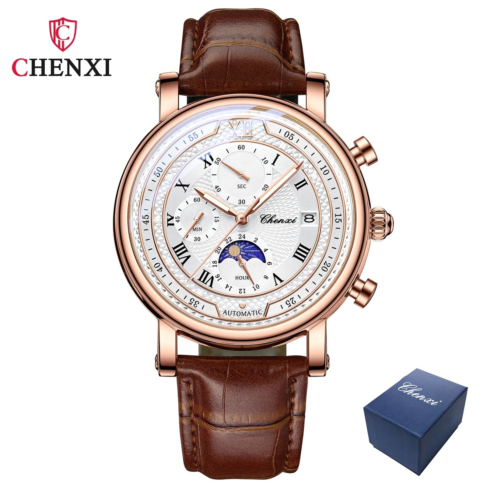 Leather Chronograph Date Men's Phase Of The Moon Timing Business Luminous Quartz Watch