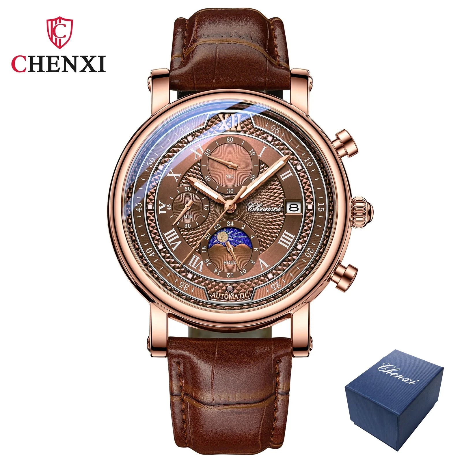 Leather Chronograph Date Men's Phase Of The Moon Timing Business Luminous Quartz Watch