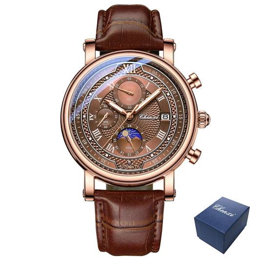 Leather Chronograph Date Men's Phase Of The Moon Timing Business Luminous Quartz Watch - Beri Collection 