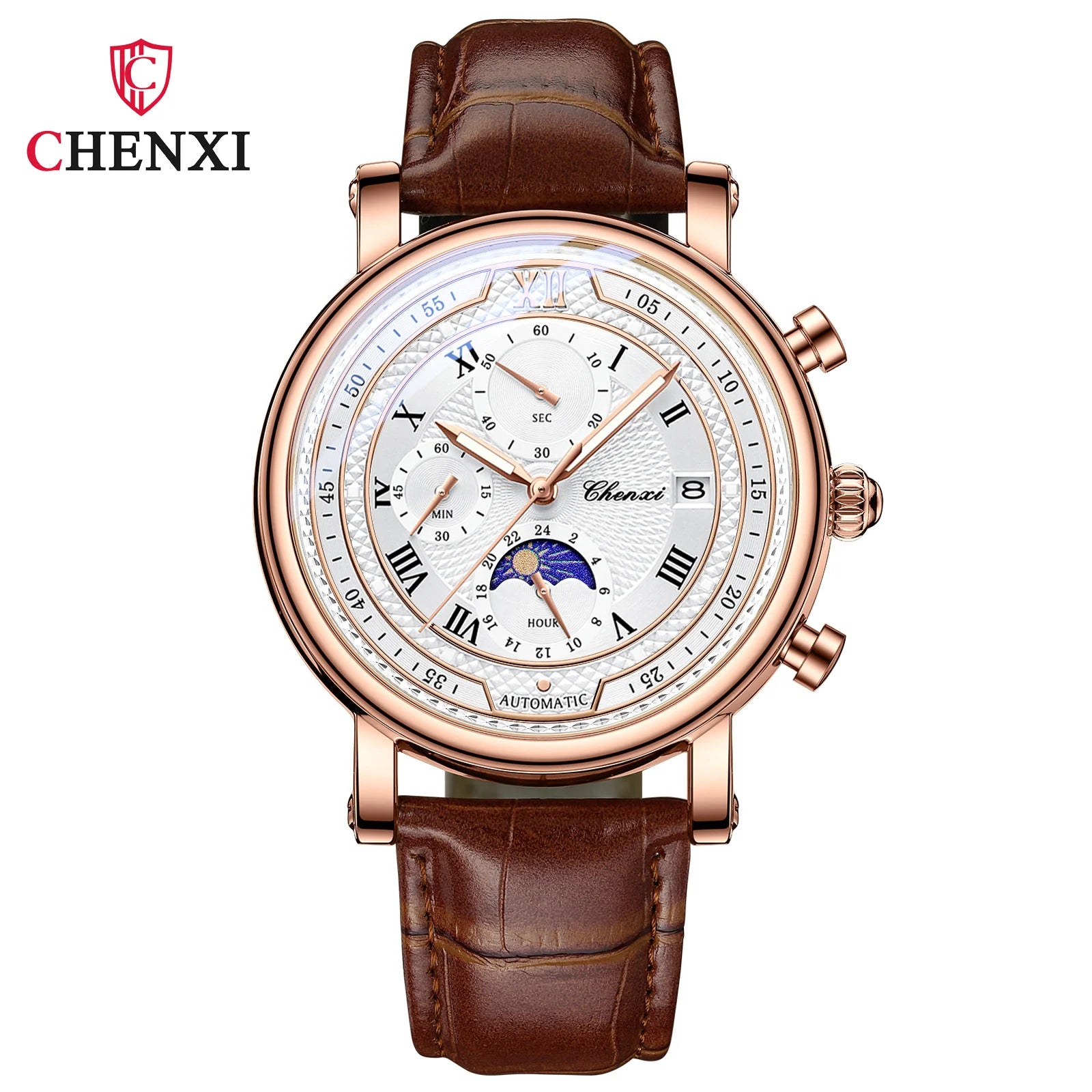 Leather Chronograph Date Men's Phase Of The Moon Timing Business Luminous Quartz Watch