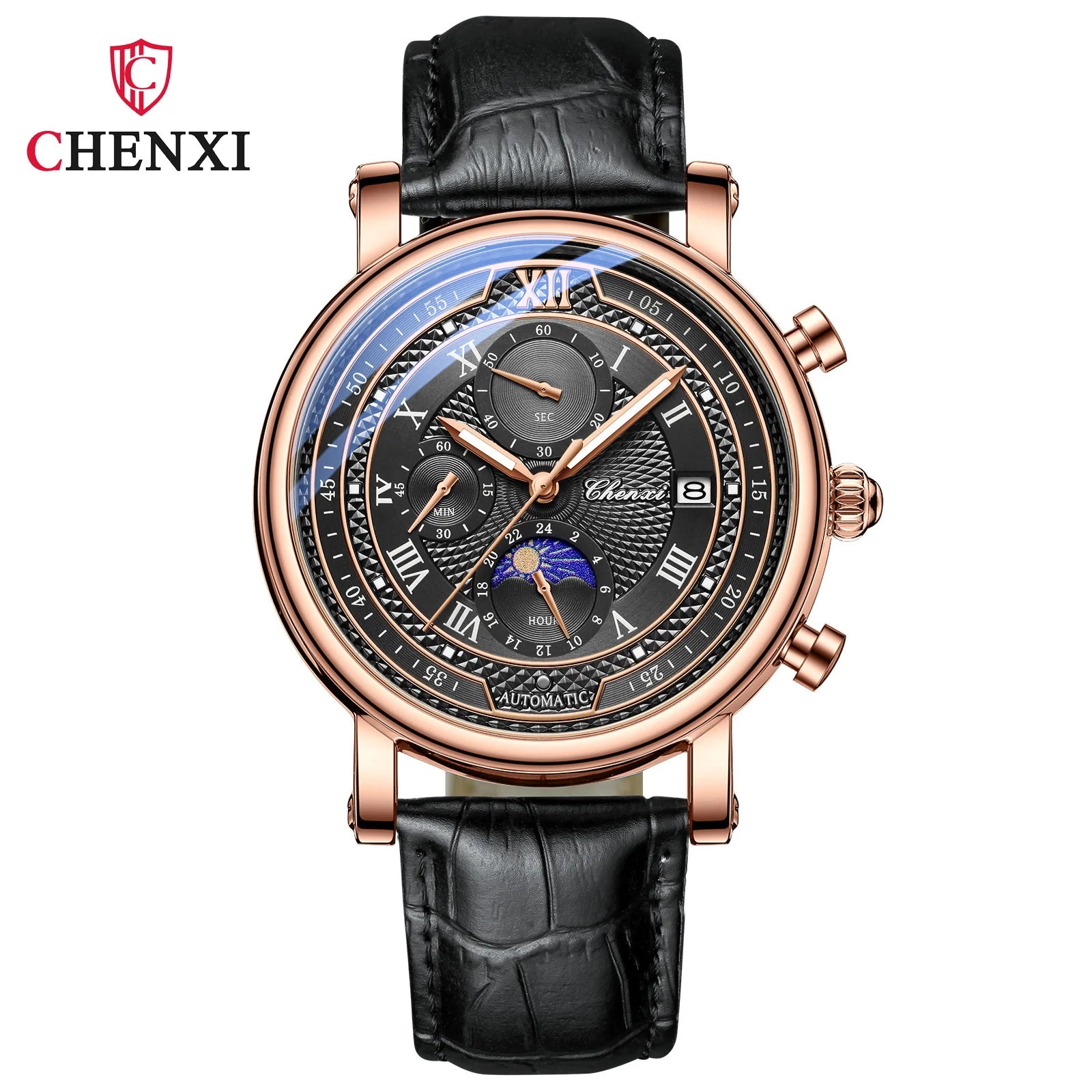 Leather Chronograph Date Men's Phase Of The Moon Timing Business Luminous Quartz Watch